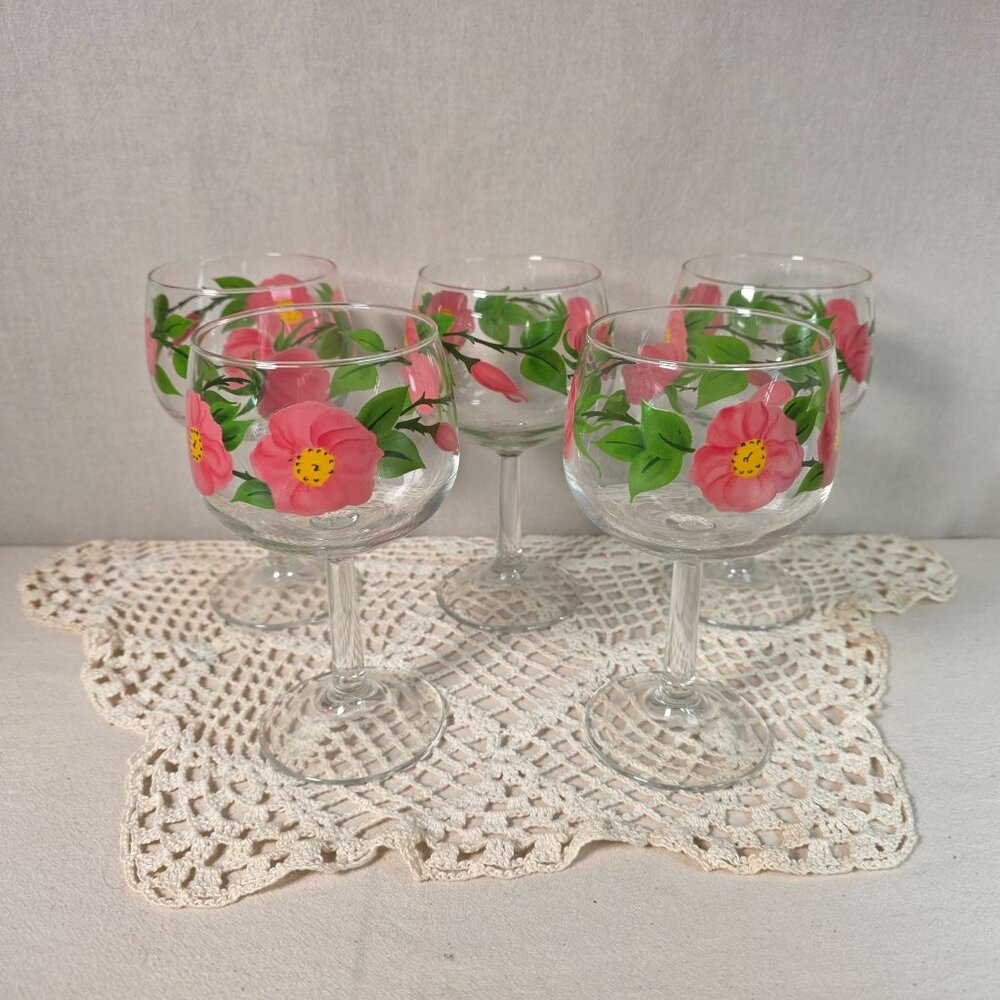 Franciscan Desert Rose Wine Glasses Set Of 5 Hand-Painted Floral Design 10-12 Oz